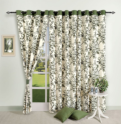 Swayam Cotton Green, Beige Damask Eyelet Curtain