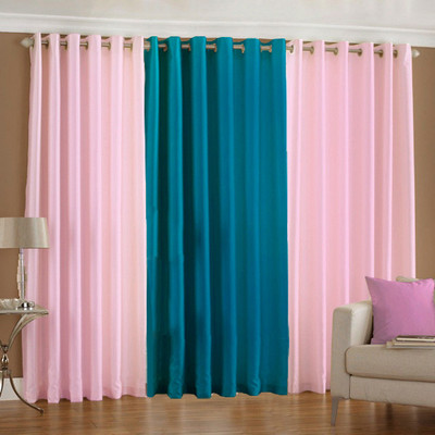33% OFF on Pindia Polyester Baby Pink, Aqua Solid Eyelet Curtain