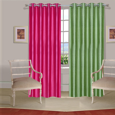35% OFF on Handloomdaddy Polyester Pink, Green Striped Tab Top Curtain