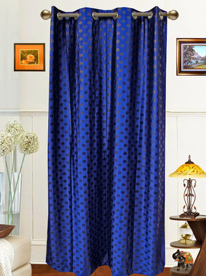 18% OFF on Dekor World Polyester Blue Floral Ring Rod Curtain