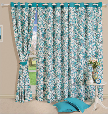 18% OFF on Swayam Cotton Blue, White Geometric Eyelet Curtain