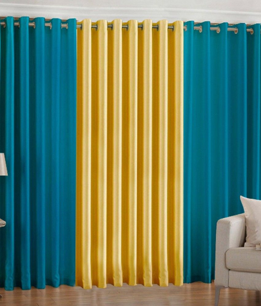 66% OFF on HomeZaara Polyester Light Blue, Yellow Solid Eyelet Curtain