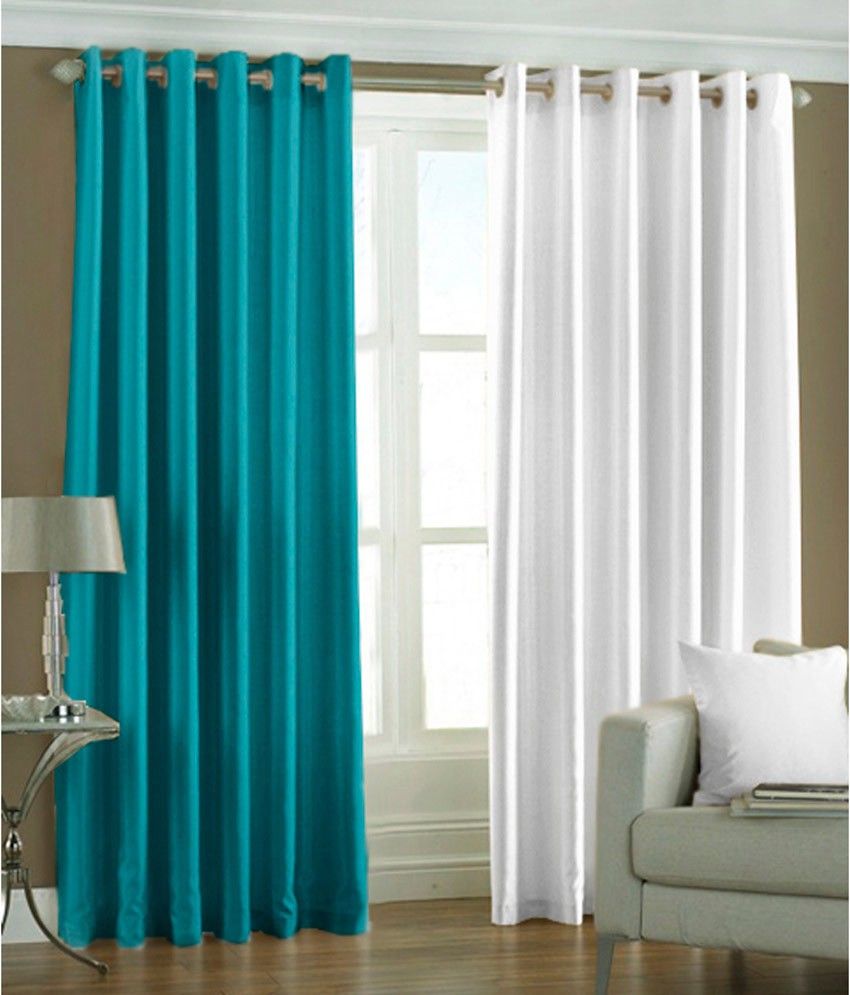 66% OFF on HomeZaara Polyester Light Blue, White Solid Eyelet Curtain