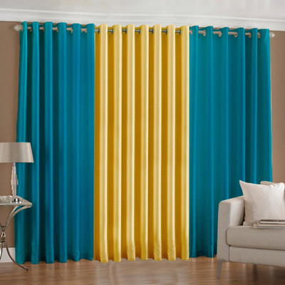 33% OFF on Pindia Polyester Blue, Yellow Solid Ring Rod Curtain