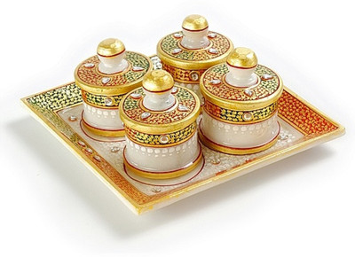 21% OFF on Aapno Rajasthan Marvel in Marble -Tray with Containers-041 Stoneware Decorative Platter Multicolor, Pack of 5