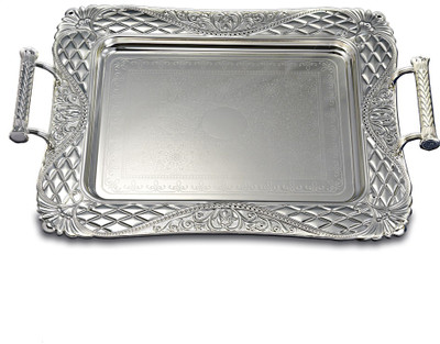 Treta Rectangular Solid Tray with Handle - Medium Silver Plated Decorative Platter Silver Treta Rectangular Solid Tray with Handle - Medium Silver Plated Decorative Platter Silver