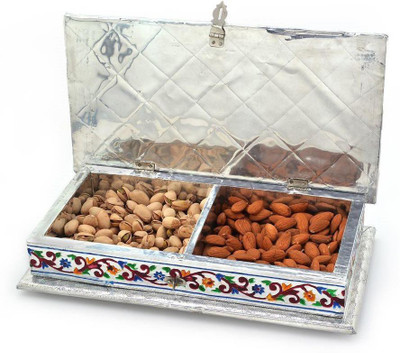 33% OFF on UFC Mart White Metal Dry Fruit Box With 3 Partitions Borosilicate Glass Decorative Platter Silver