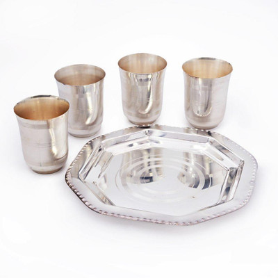 66% OFF on UFC Mart Silver Polished 4 Brass Glass With Tray Set Brass Decorative Platter Silver