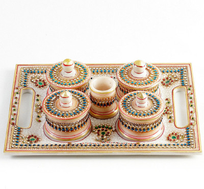 17% OFF on Aapno Rajasthan Enamel and Kundan Work White Rajasthani Marble Tray with Containers Stoneware Decorative Platter Multicolor, Pack of 6