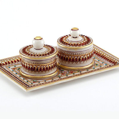 23% OFF on Aapno Rajasthan Marvel in Marble - Gold Embossed Tray with 2 Utility Containers_75 Stoneware Decorative Platter Multicolor, Pack of 3