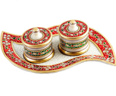 15% OFF on Aapno Rajasthan Leaf Design Marble Tray and Utility Containers with Kundan Work Stoneware Decorative Platter Multicolor, Pack of 3