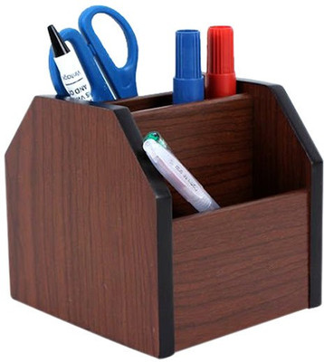 7Trees 4 Compartments Wooden Pen Stand,Card Holder With 360 Degree Rotation (Brown)
