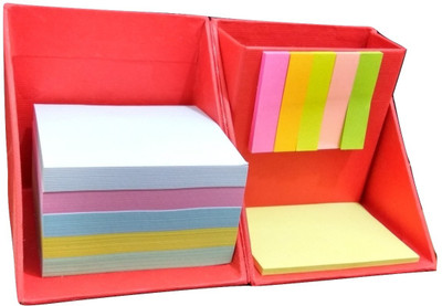 Weltbild 3 Compartments Card Board Pen Stand With Multi-Color Sticky Notes (Red)