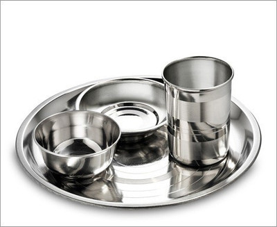 King Traders TULSI - Stainless Steel Dinner Set Of 4pcs(Full Plate, Curry Bowl, Spoon, Glass) Dinner Set (Stainless Steel)