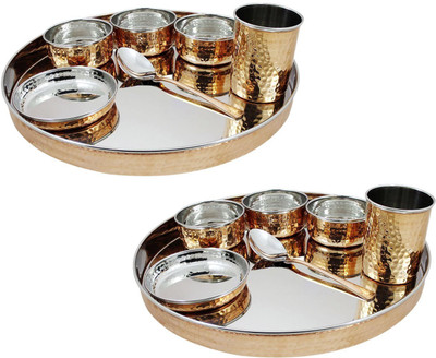 Dungri India Craft Dinnerware Stainless Steel Copper Traditional Thaliset ,Set Of 2( 2 Thali, 2 Spoons, 2 Tumblers, 6 Serving Bowls, 2 Dessert Bowls) Pack Of 14 Dinner Set (Copper)
