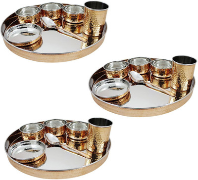 Dungri India Craft Stainless Steel Copper Traditional Thaliset ,Set Of 3( 3 Thali, 3 Spoons, 3 Tumblers, 9 Serving Bowls, 3 Dessert Bowls) Pack Of 21 Dinner Set (Copper)