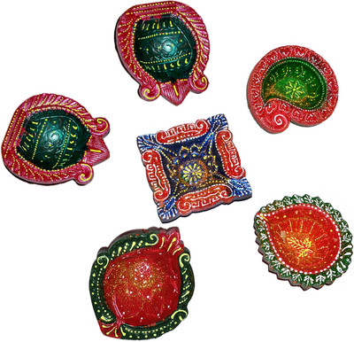 59% OFF on Dakshcraft Set of Colorful Decorative with Different Shapes Terracotta Table Diya Set