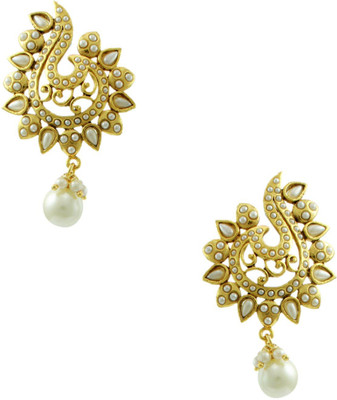 Orniza Rajwadi Earrings In Pearl Color And Golden Polish Brass Chandbali Earring