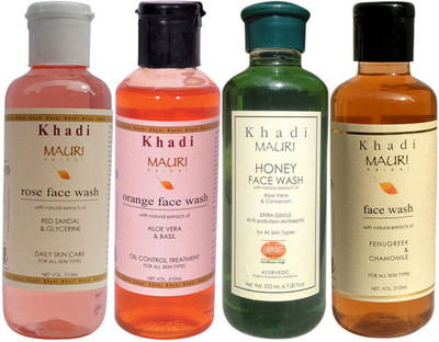 Khadi Mauri Ayurvedic Herbal Face Wash Combo Pack Of 4 Rose Honey Orange & Fenugreek (Methi) Natural & Organic 210 Ml Each Face Wash (840 Ml)