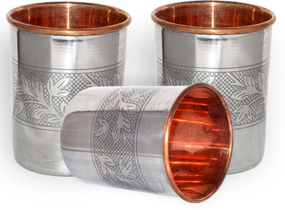Prisha India Craft Tumbler Stainless Steel Small Tumblers Inside From India,Set Of 3 Tumbler025-3 (240 Ml, Silver, Pack Of 3)