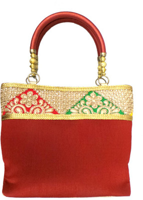 Bhamini Raw Silk with Triangular and Sequinned Touch Border Hand-held Bag Maroon-01