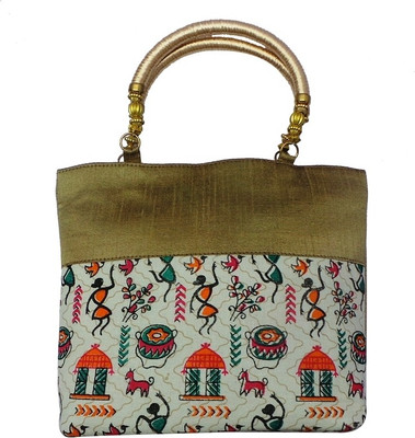 Bhamini Handle Tribal Print Warli Hand-held Bag Gold-01