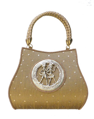 Bhamini Raw Silk with Round Tribal Brooch Hand-held Bag Gold-02