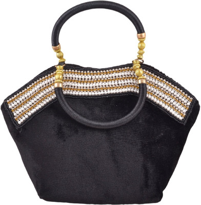 Freddys Velvet Style Stone Work Hand-held Bag - Black