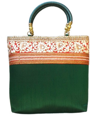 Bhamini Raw Silk with Rich Classy Embroidery Hand-held Bag Green-01