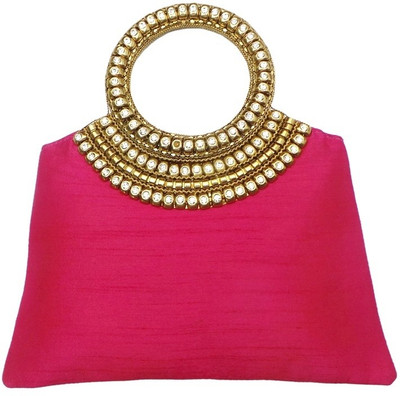 Bhamini Raw Silk handbag with Brass and Diamond Rich Handle Pink Hand-held Bag Pink-01 Bhamini Raw Silk handbag with Brass and Diamond Rich Handle Pink Hand-held Bag Pink-01