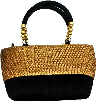 Bhamini Resham Handle Gold Sequinned Border Hand-held Bag Black-01