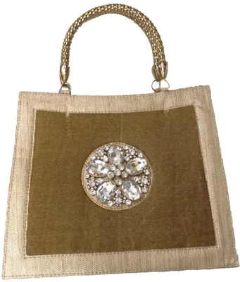 Bhamini Velvet with Floral Diamond Brooch Hand-held Bag Gold-01 Bhamini Velvet with Floral Diamond Brooch Hand-held Bag Gold-01