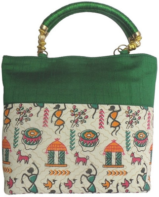 Bhamini Handle Tribal Print Warli Hand-held Bag Green-01