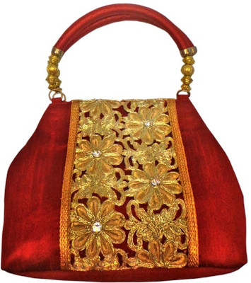 Bhamini Raw Silk Centre Cutwork Hand-held Bag Maroon-01 Bhamini Raw Silk Centre Cutwork Hand-held Bag Maroon-01