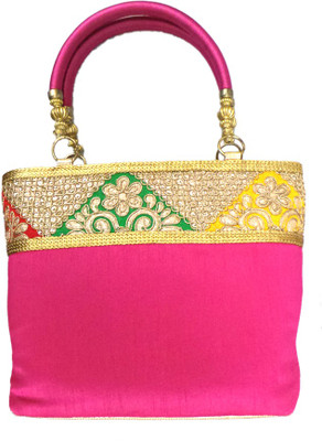 Bhamini Raw Silk with Triangular and Sequinned Touch Border Hand-held Bag Pink-01 Bhamini Raw Silk with Triangular and Sequinned Touch Border Hand-held Bag Pink-01