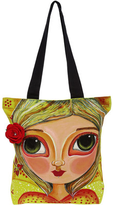 45% OFF on Pranil Designs Hand Painted Big Eyed Girl With Crochet Rose Tote Green