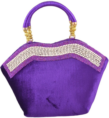 Freddys Velvet Style Stone Work Hand-held Bag - Violet