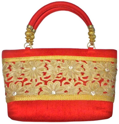 Bhamini Raw Silk Cutwork Hand-held Bag Red-01