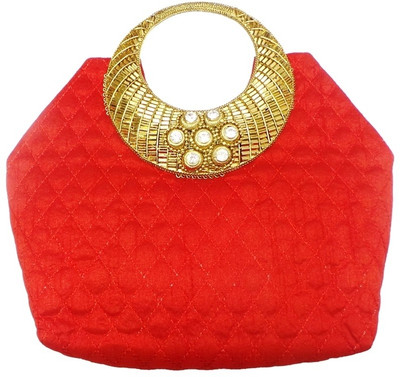 Bhamini Quilted Raw Silk With Striated Gold and Diamond Floral Hand-held Bag Red-01
