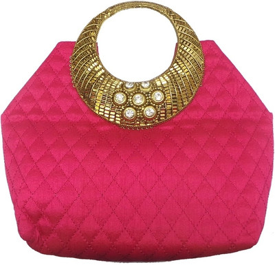 Bhamini Quilted Raw Silk With Striated Gold and Diamond Floral Hand-held Bag Pink-01