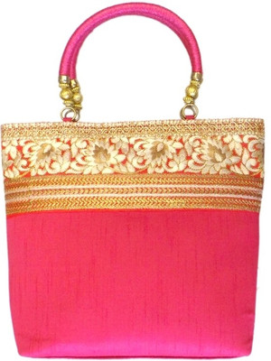 Bhamini Raw Silk with Rich Classy Embroidery Hand-held Bag Pink-01 Bhamini Raw Silk with Rich Classy Embroidery Hand-held Bag Pink-01