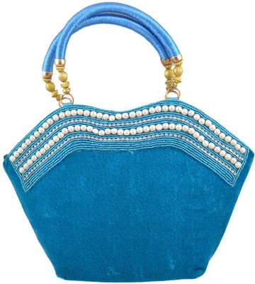 Freddys Velvet Style Stone Work Hand-held Bag - Blue