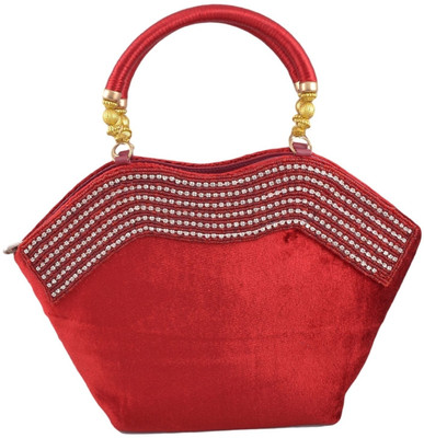 Freddys Velvet Style Stone Work Hand-held Bag - Maroon