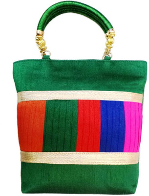 Bhamini Raw Silk with Multicolour Pleated Work Hand-held Bag Green-01