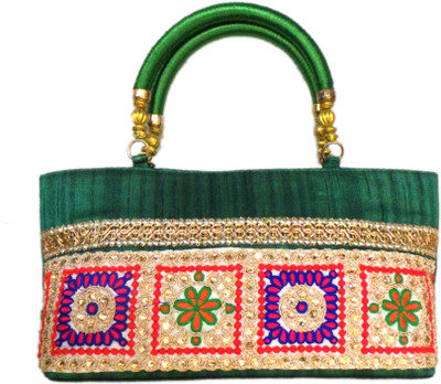 Bhamini Raw Silk Hand-held Bag Green-01 Bhamini Raw Silk Hand-held Bag Green-01