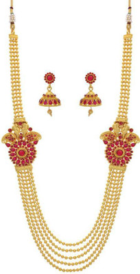 24% OFF on Pearls Cart 5 Line Peacock Flower Theme Alloy Jewel Set Red, Gold
