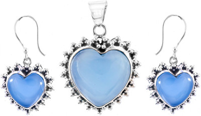 Exotic India Heart-Shape Sterling Silver Jewel Set Blue