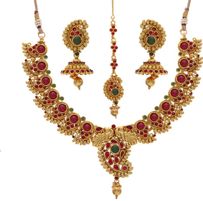 24% OFF on Pearls Cart Kempu Stone Studded Traditional Necklace Alloy Jewel Set Multicolor