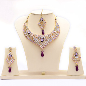 Manukunj Gold Plated Kundan Necklace With Matching Maang Tikka Brass Jewel Set - Purple