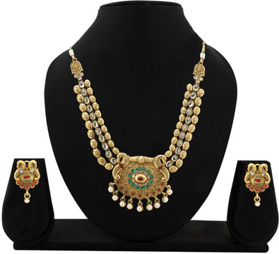 Zaveri Pearls KUNDAN NECKLACE SET IN ANTIQUE FINISH. Alloy Jewel Set - Green, Red